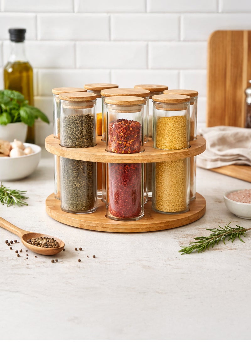 توشيونيكس رف توابل من الخيزران مع برطمانات زجاجية T114748 - 8 قطع من برطمانات تخزين الطعام الزجاجية البوروسيليكاتية المحكمة الإغلاق مع أغطية من الخيزران، منظم دائري لسطح الطاولة للتوابل والشاي والقهوة والمواد الغذائية الجافة - Image 1